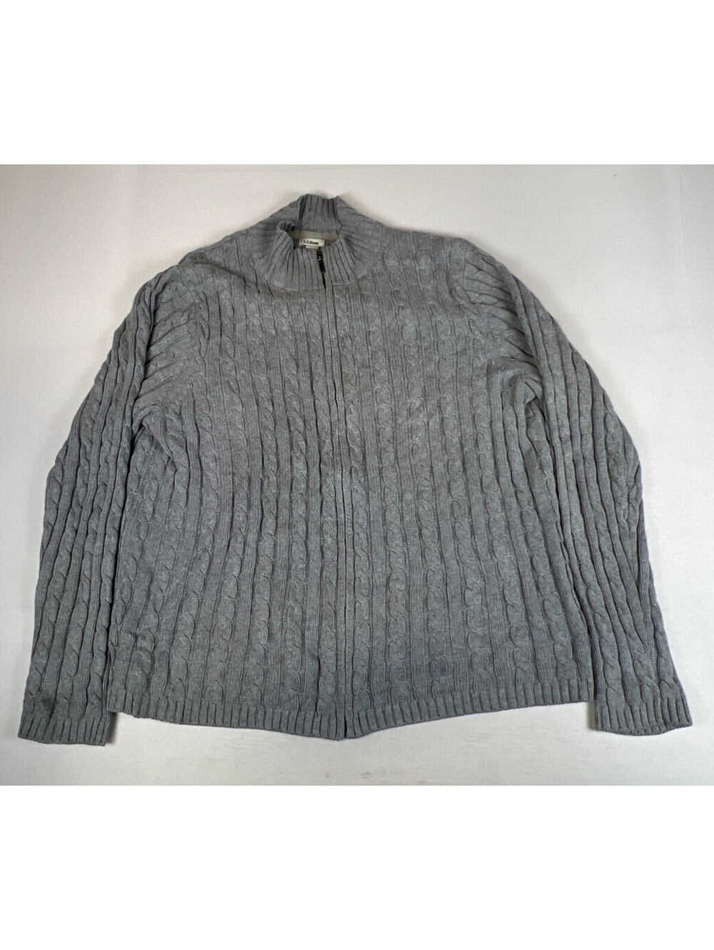 L.L. Bean Men XL Gray Cotton Cable Knit Full Zip Sweater